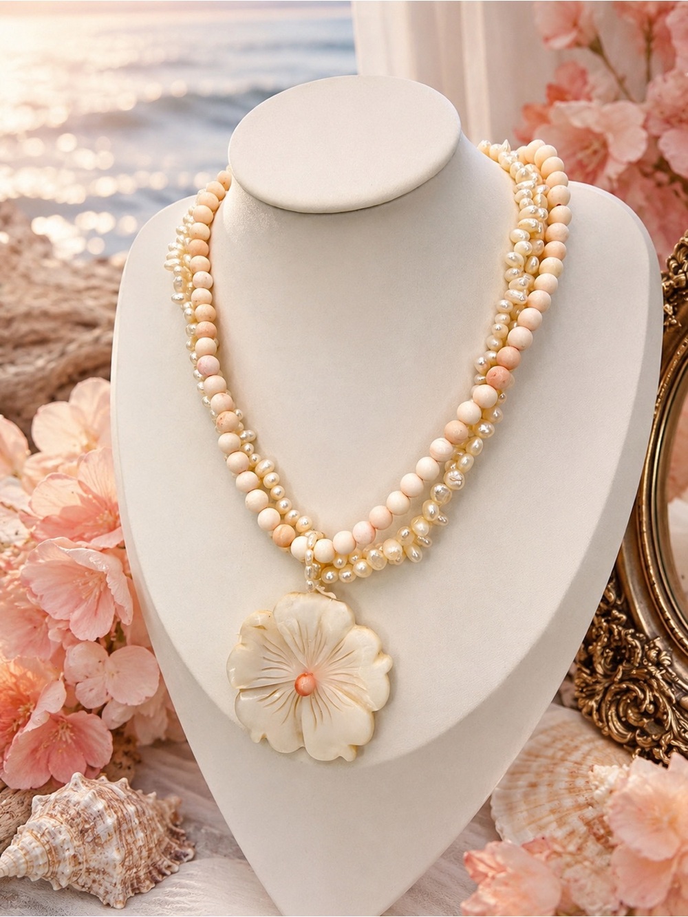 Sterling Pearl Angel Skin Coral MOP Flower Triple Strand Necklace 16” Beach Boho